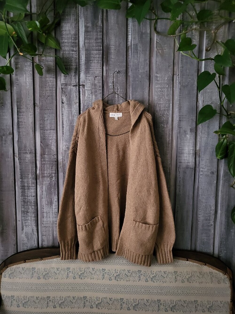 Wild Skye Tan Open Front Hooded Cardigan Ribbed Knit Sweater M
